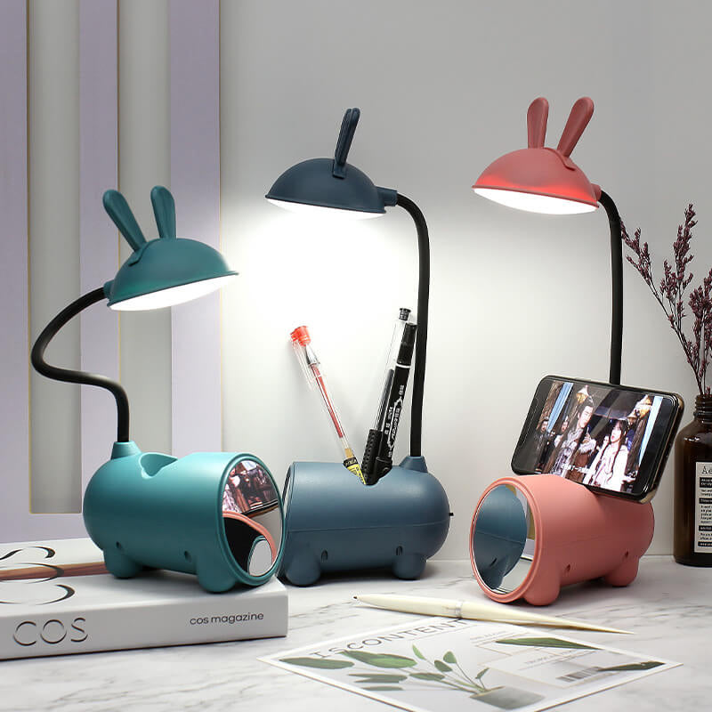 Kreative LED-Schreibtischlampe mit Stiftehalter im Hasen-Design