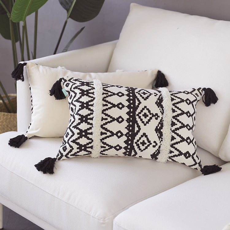 Rechteckiges Boho-Lendenkissen mit Jacquard-Webung und Quasten