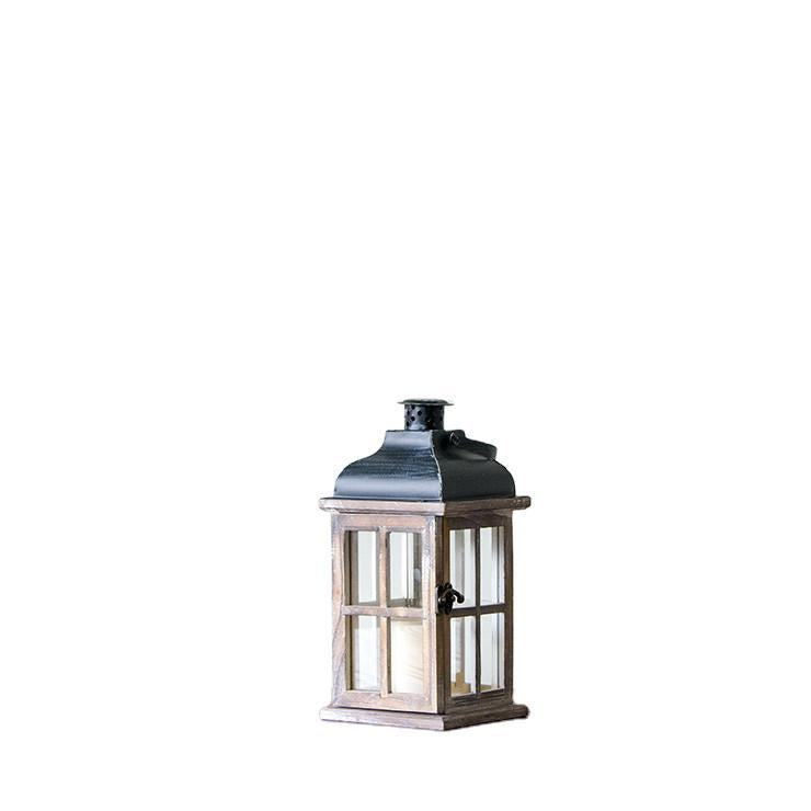 Multi-Piece Rustic Wooden Candle Lanterns with Metal Tops and Paneled Glass