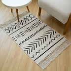 Flat-woven cotton runner with Boho-Ethno motif and decorative fringes