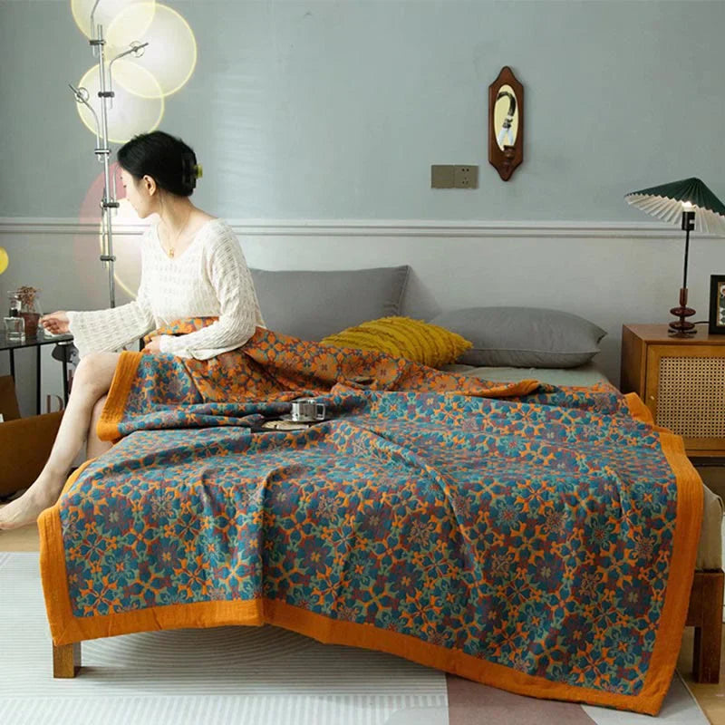 Six-Layer Cotton Blanket - Orange-Blue Pattern