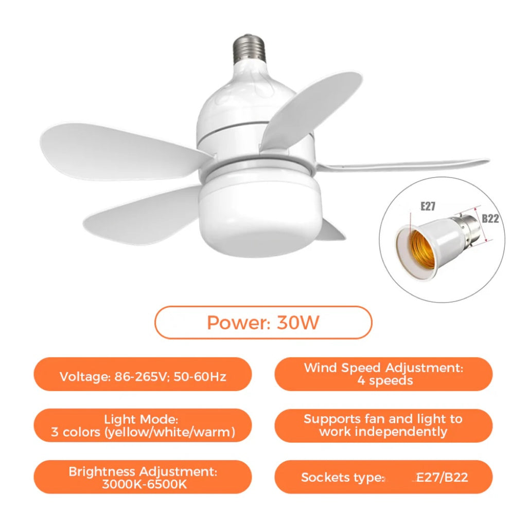2-in-1 LED-Deckenventilator mit Licht und Fernbedienung, E27/B22-Sockel