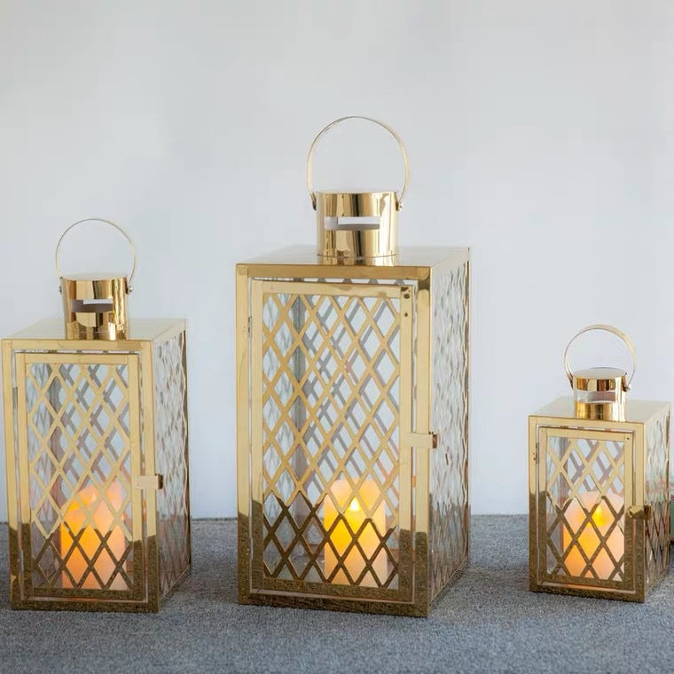 Modern Polished Lattice Metal Lantern Collection with Hinged Door and Top Loop Handle