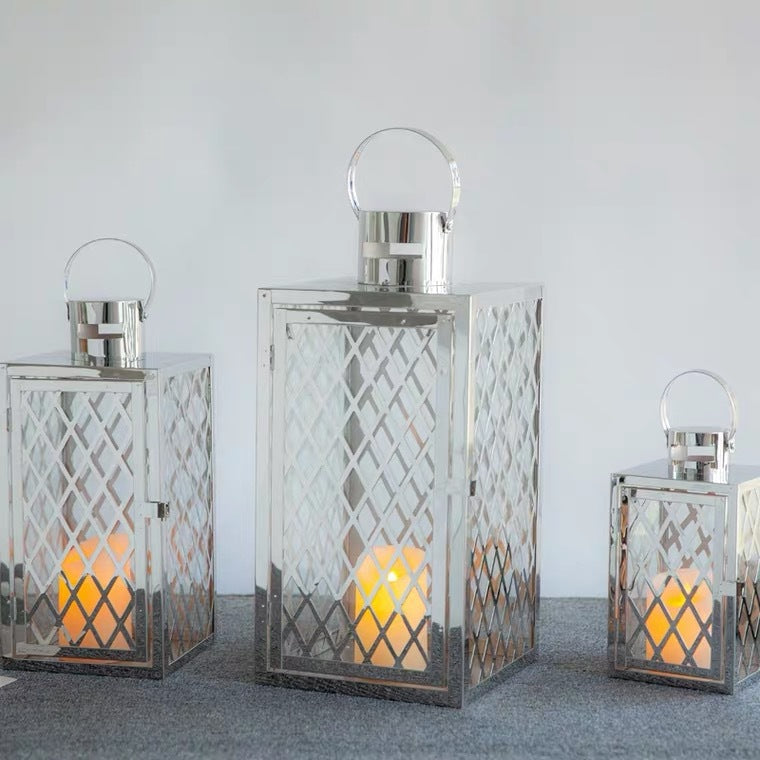 Modern Polished Lattice Metal Lantern Collection with Hinged Door and Top Loop Handle