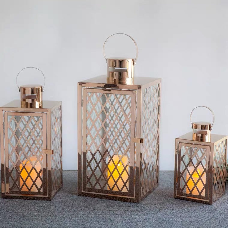 Modern Polished Lattice Metal Lantern Collection with Hinged Door and Top Loop Handle