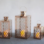 Modern Polished Lattice Metal Lantern Collection with Hinged Door and Top Loop Handle