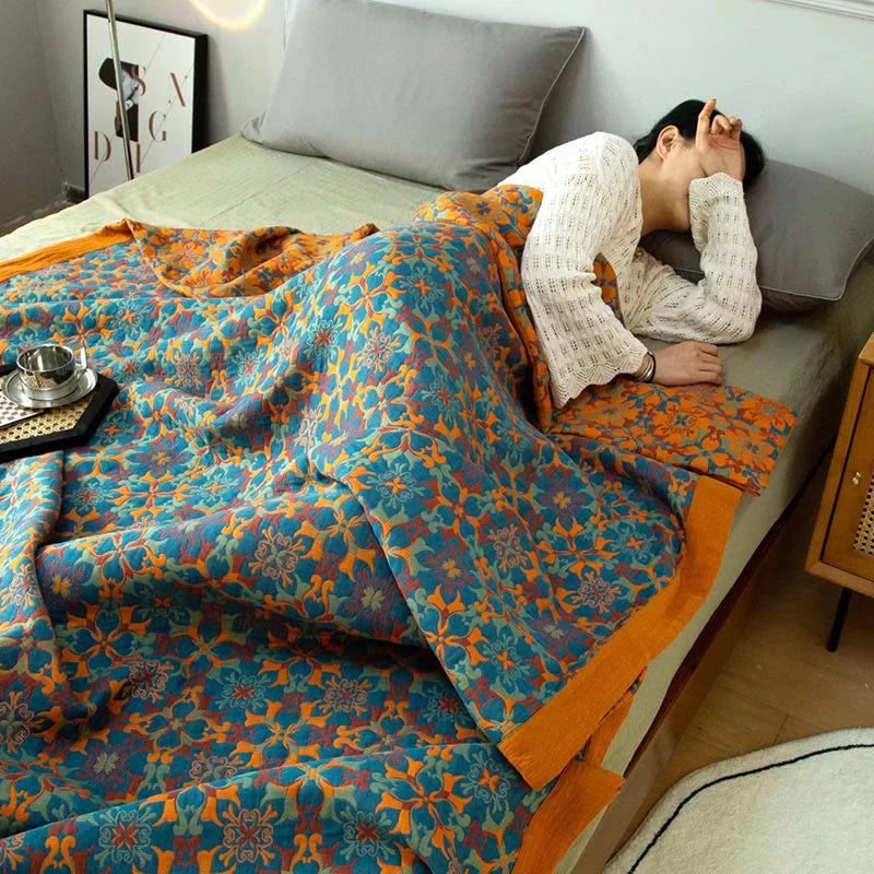 Six-Layer Cotton Blanket - Orange-Blue Pattern
