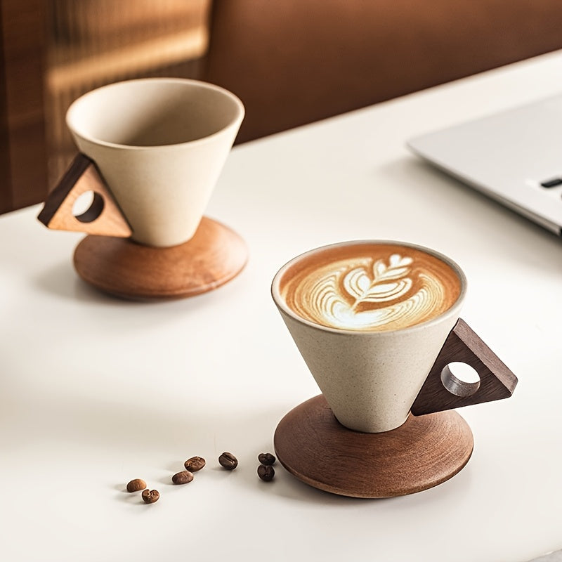 BaristaLuxe Keramik-Kaffeetasse 250ml – Handgefertigt mit Holzgriff und Untersetzer