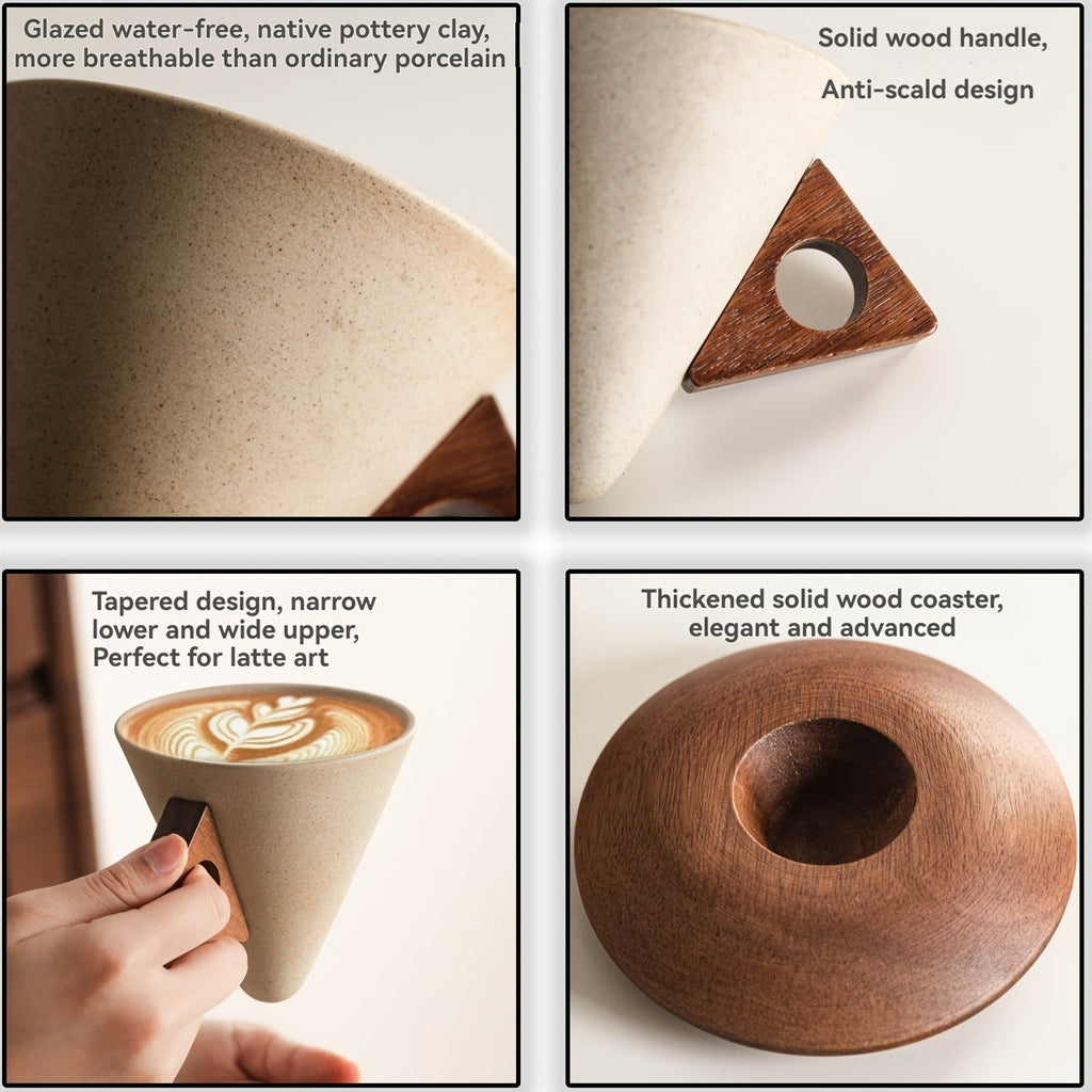 BaristaLuxe Keramik-Kaffeetasse 250ml – Handgefertigt mit Holzgriff und Untersetzer