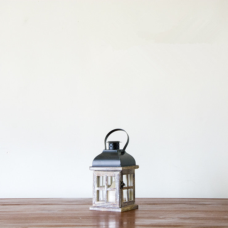 Multi-Piece Rustic Wooden Candle Lanterns with Metal Tops and Paneled Glass