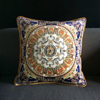 Vintage Equestrian Square Throw Pillow Cover with Piped Velvet Trim and Hidden Zipper