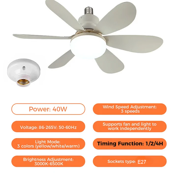 2-in-1 LED-Deckenventilator mit Licht und Fernbedienung, E27/B22-Sockel