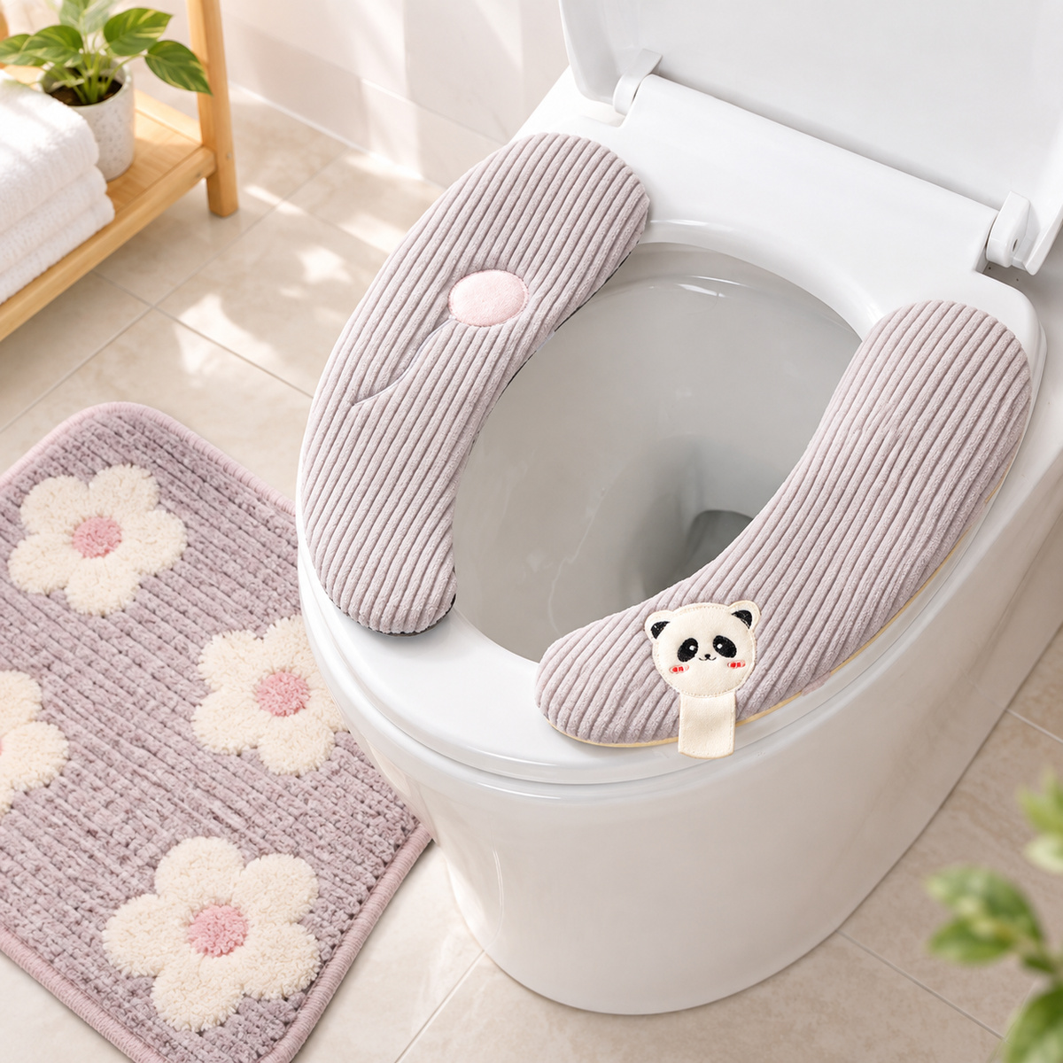 Contoured Plush Toilet Seat Cushion Cover with Embroidered Whale