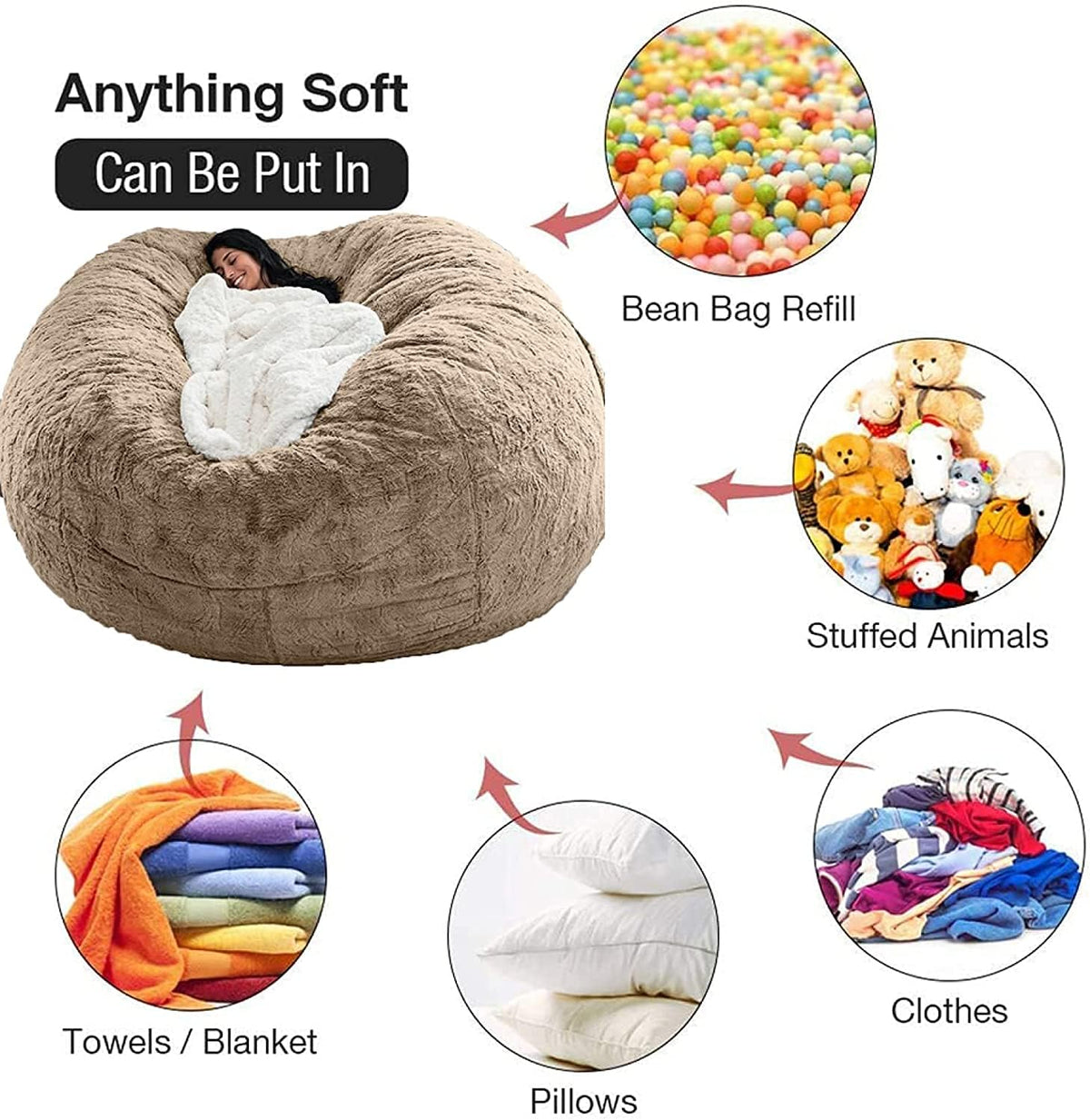 Großer 150 cm flauschiger Kunstfell-Sitzsack-Bezug – Lounge-Sofa (nur Bezug)