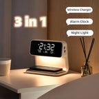 3-in-1 Nachttischlampe mit kabellosem Ladegerät und Wecker