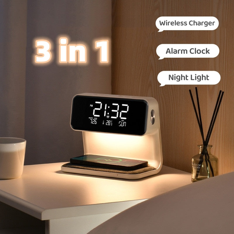 3-in-1 Nachttischlampe mit kabellosem Ladegerät und Wecker