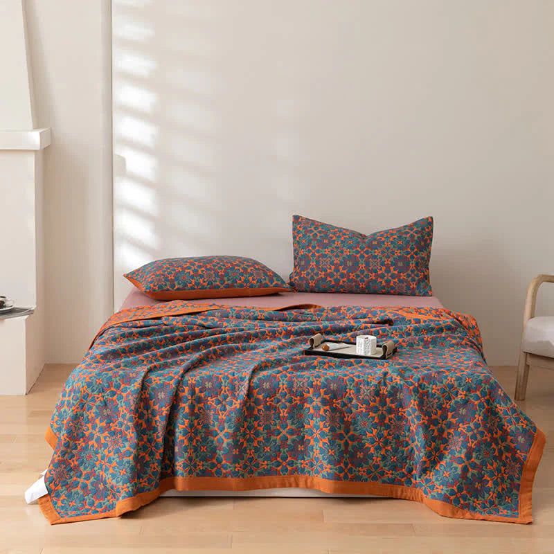 Six-Layer Cotton Blanket - Orange-Blue Pattern