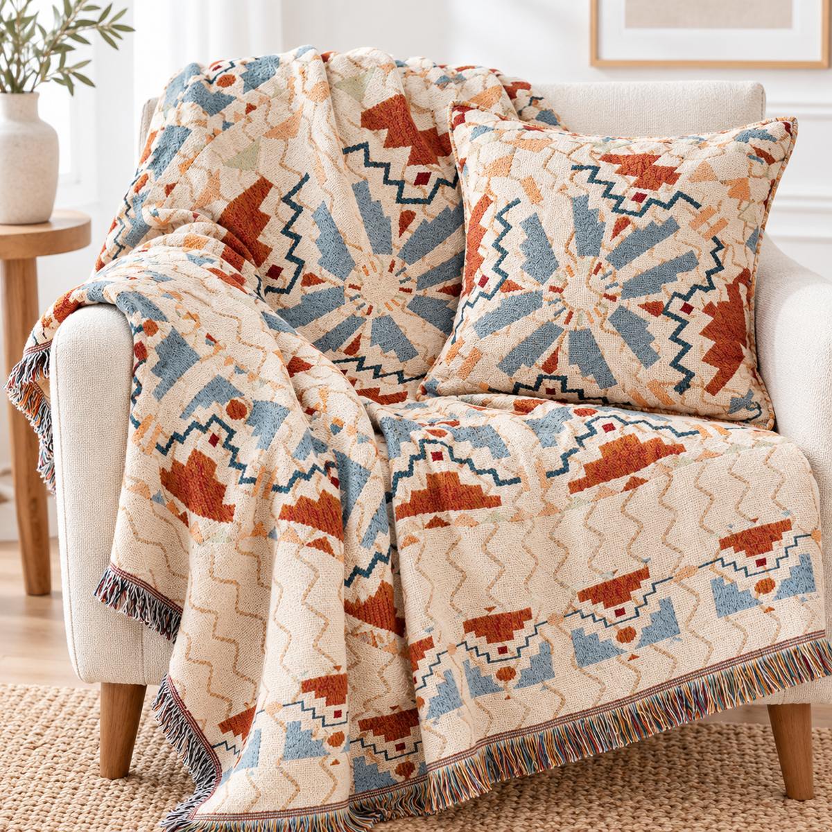 Waffle Weave Cotton-Linen Fringe Sofa Throw Blanket