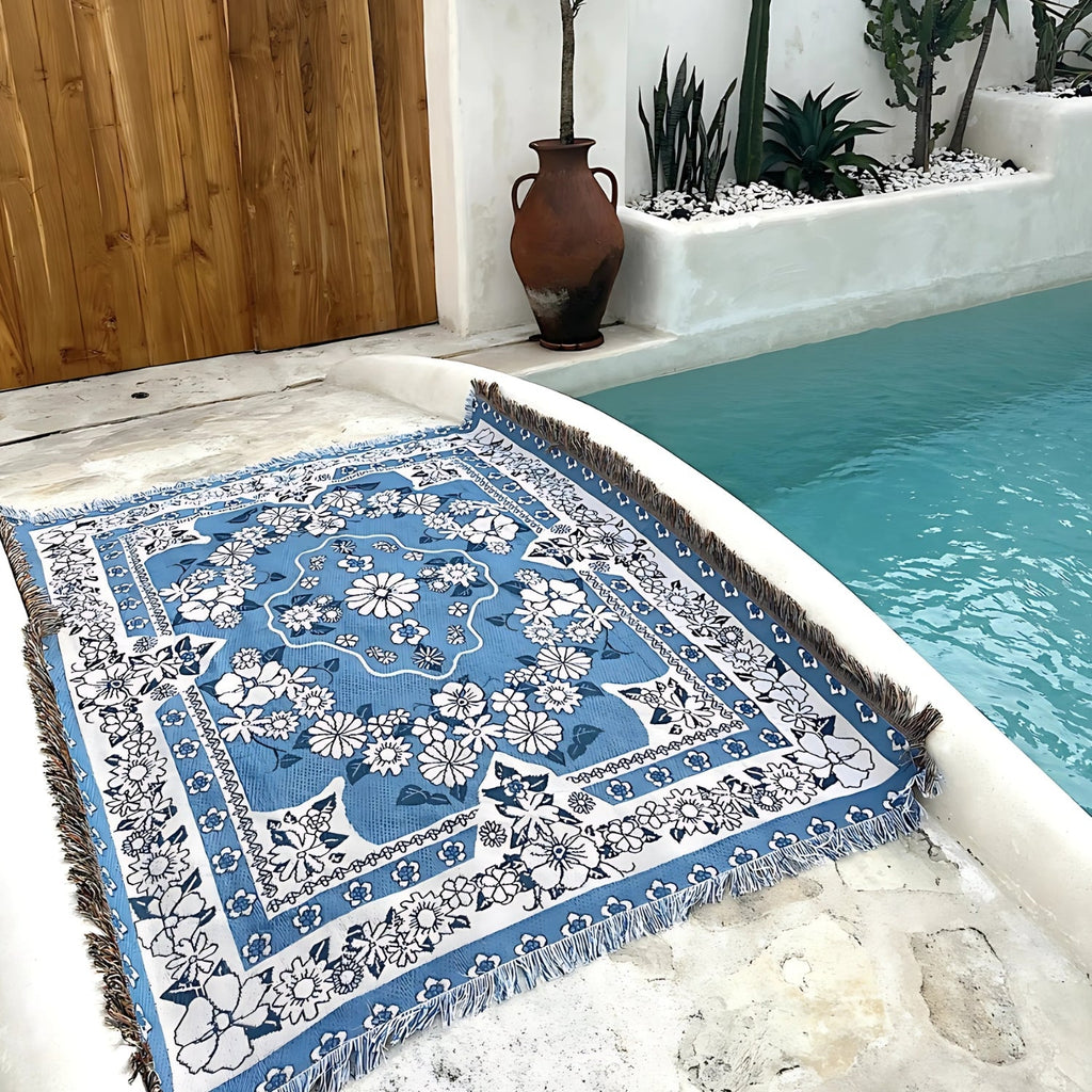 Blue Daisy Bloom Boho Travel Blanket