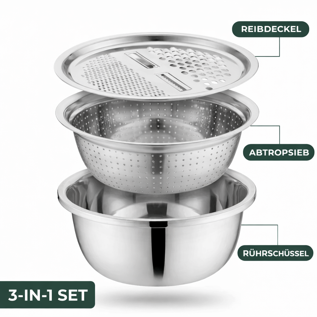 3-in-1 Rührschüssel-Set aus Edelstahl mit Reibe und Sieb