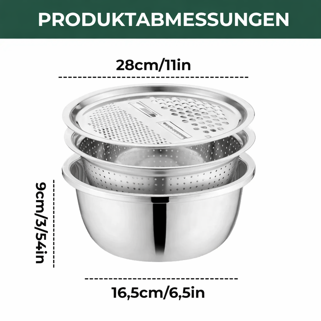 3-in-1 Rührschüssel-Set aus Edelstahl mit Reibe und Sieb