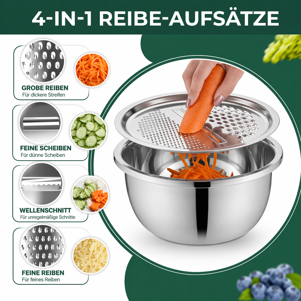 3-in-1 Rührschüssel-Set aus Edelstahl mit Reibe und Sieb