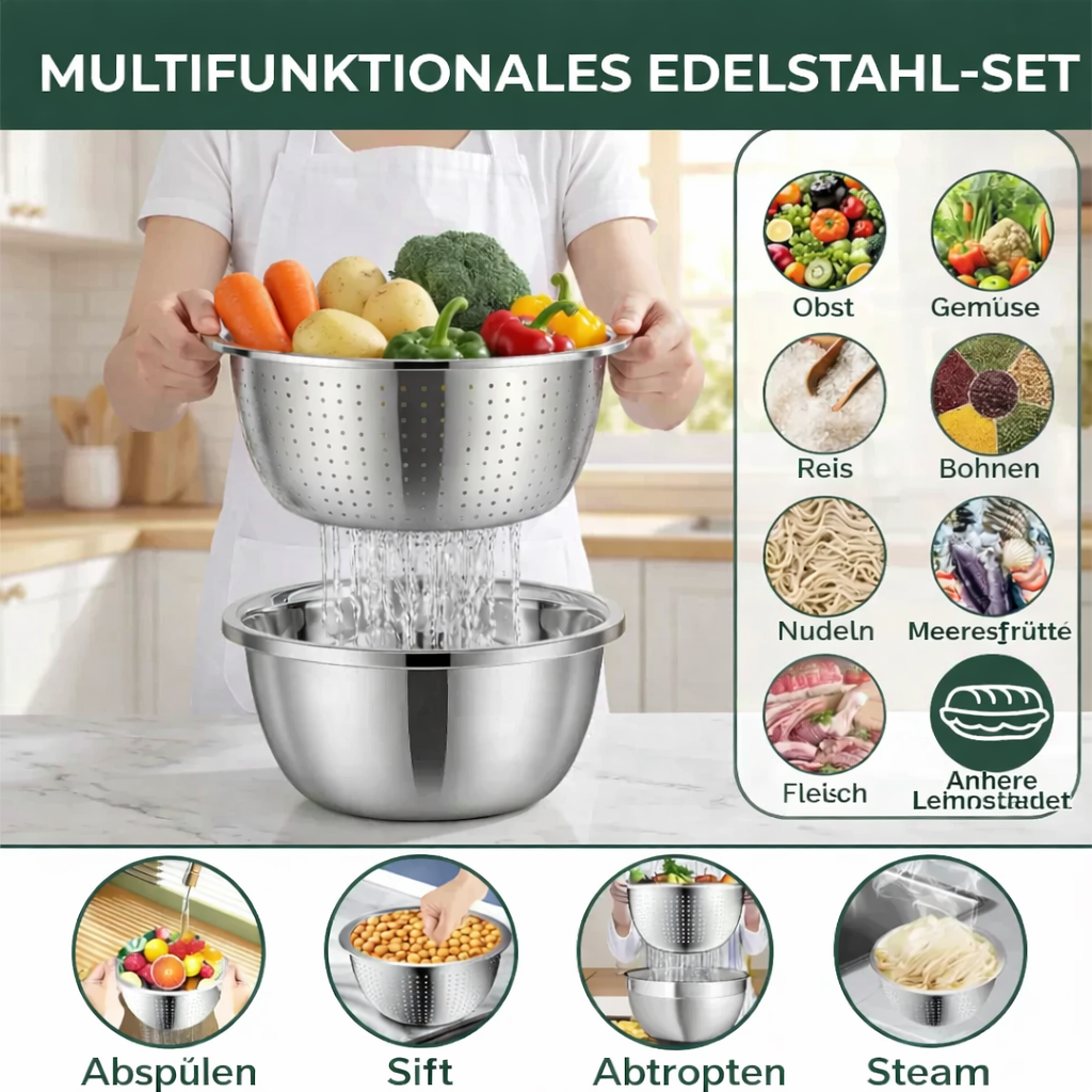 3-in-1 Rührschüssel-Set aus Edelstahl mit Reibe und Sieb