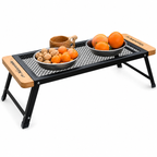 Portable Folding Camping Mesh Grill Table with Wooden End Panels