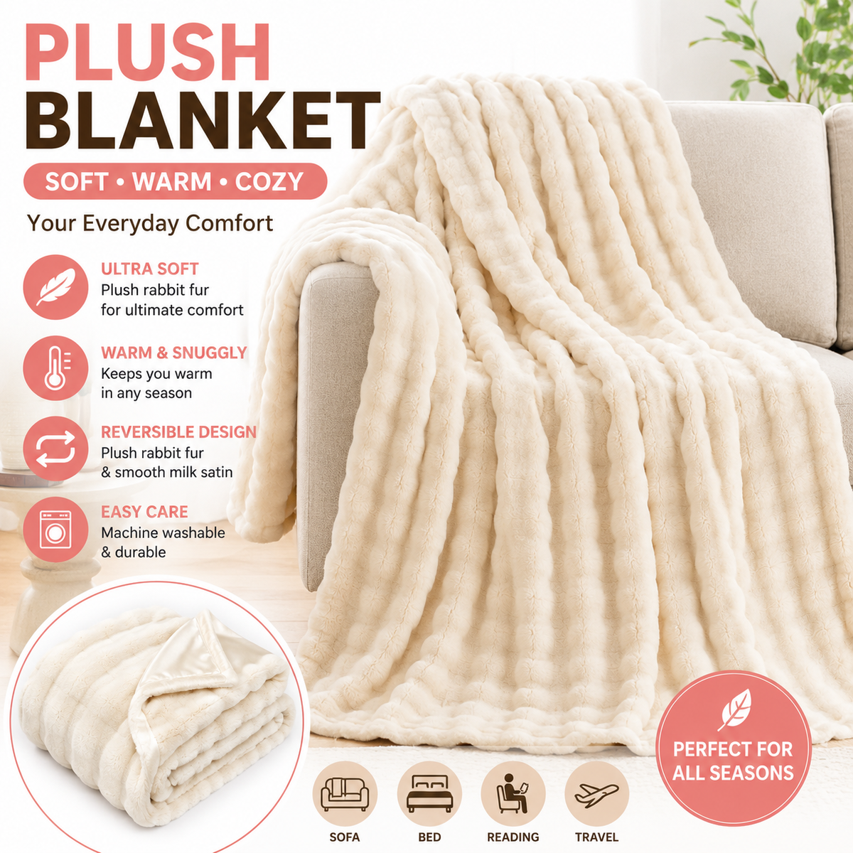Plush Waffle-Textured Faux Fur Throw Blanket with Sherpa Backing
