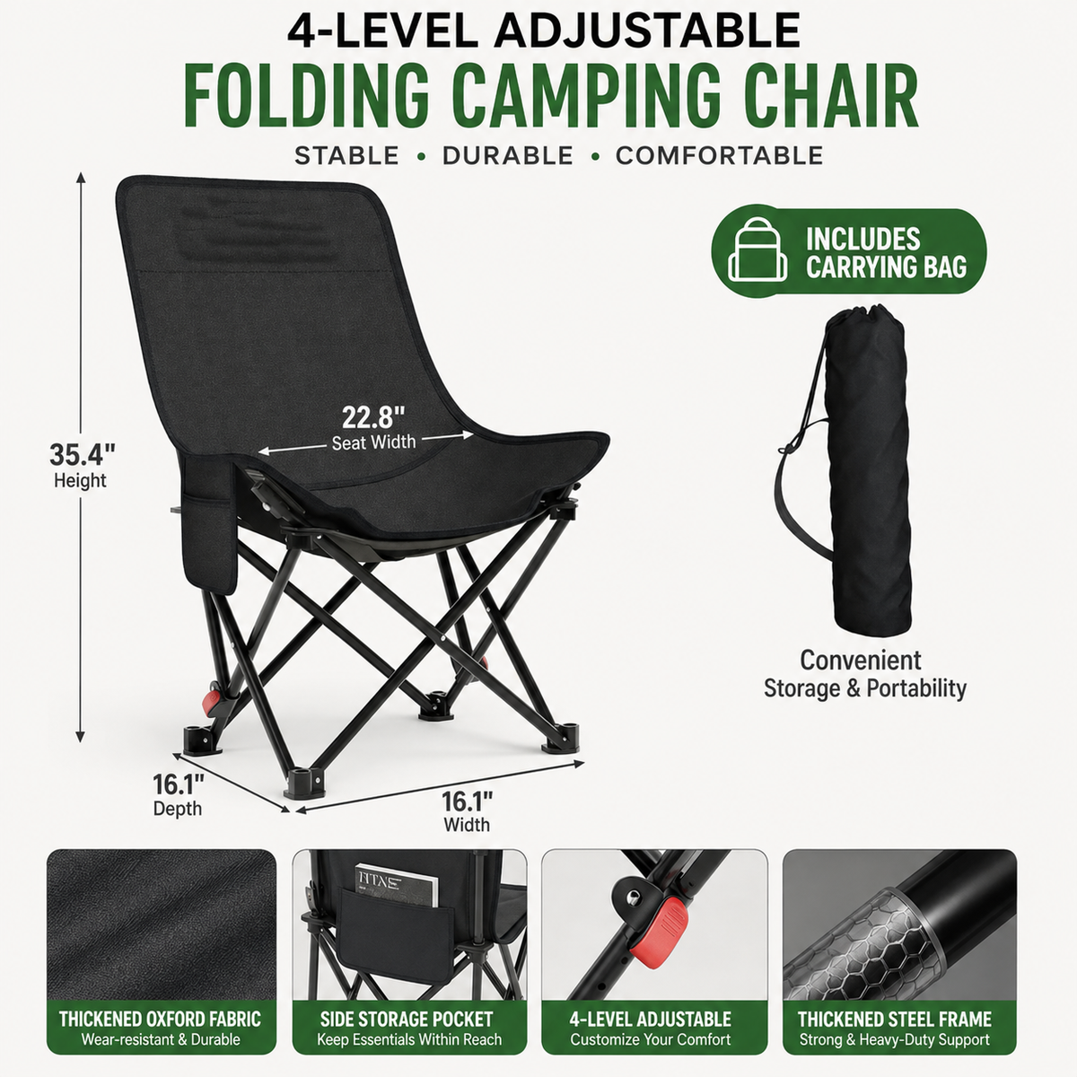 Portable Heavy-Duty Folding Camping Chair with High-Back Breathable Canvas