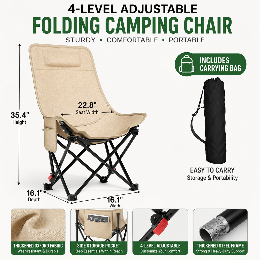Portable Heavy-Duty Folding Camping Chair with High-Back Breathable Canvas