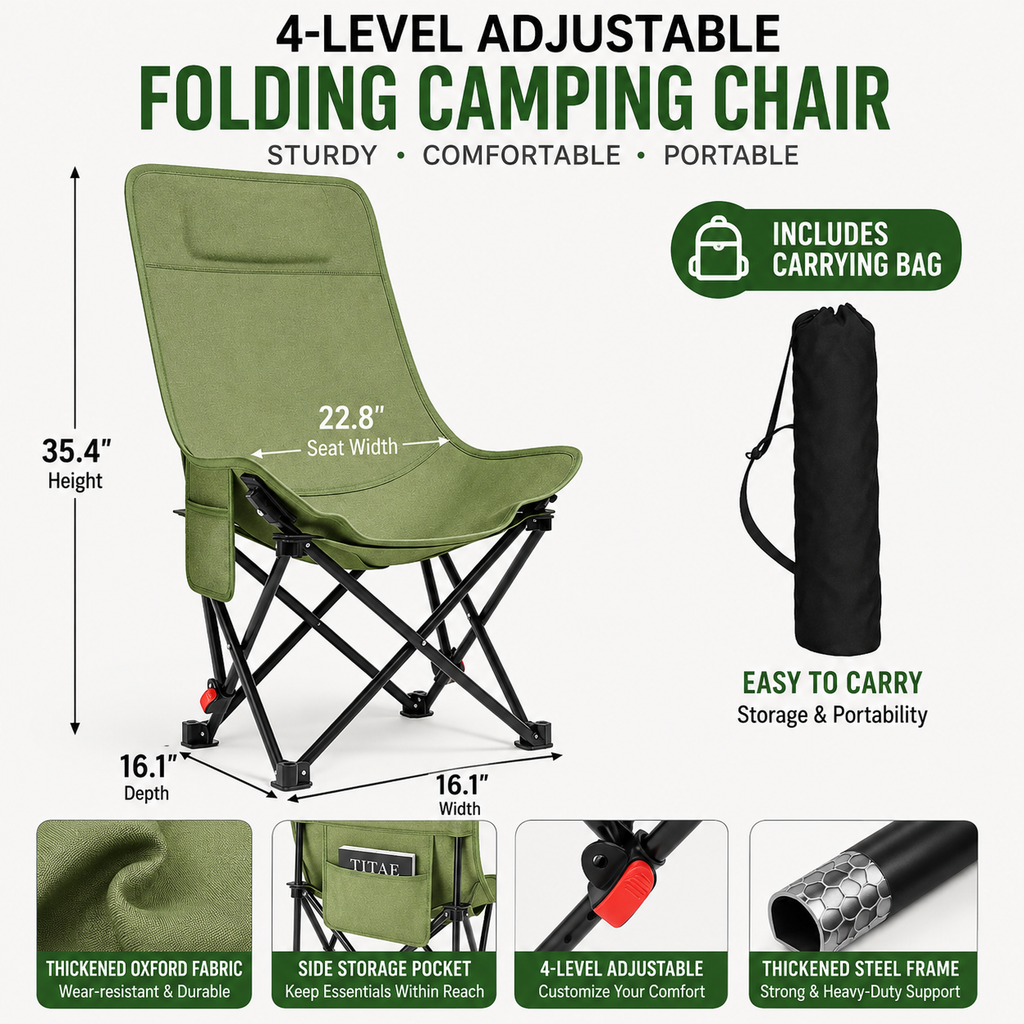 Portable Heavy-Duty Folding Camping Chair with High-Back Breathable Canvas