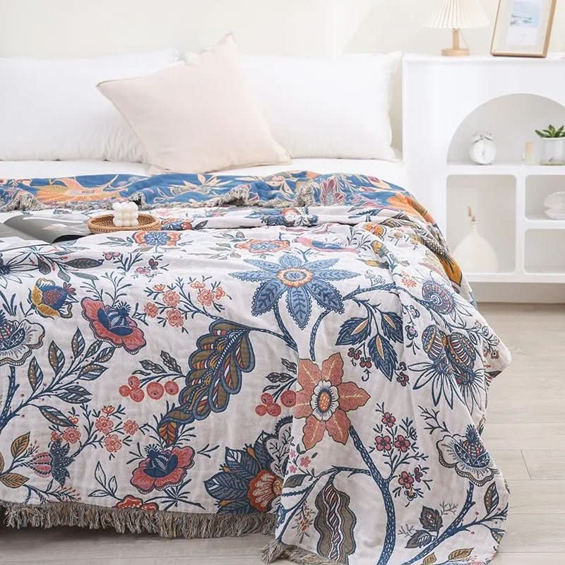 Rustic cotton blanket with floral pattern