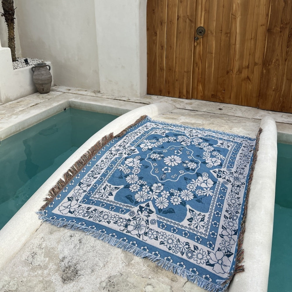 Blue Daisy Bloom Boho Travel Blanket