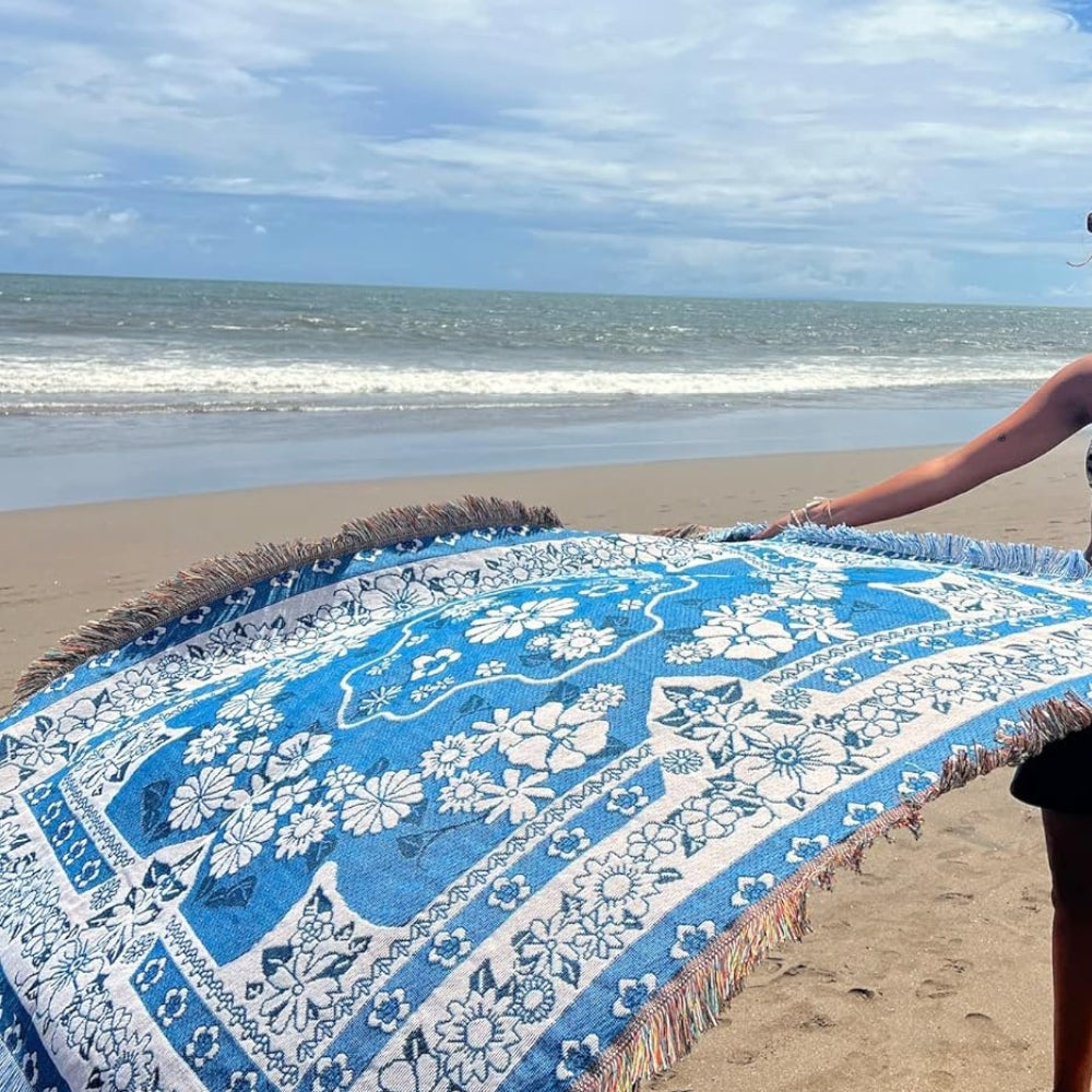 Blue Daisy Bloom Boho Travel Blanket