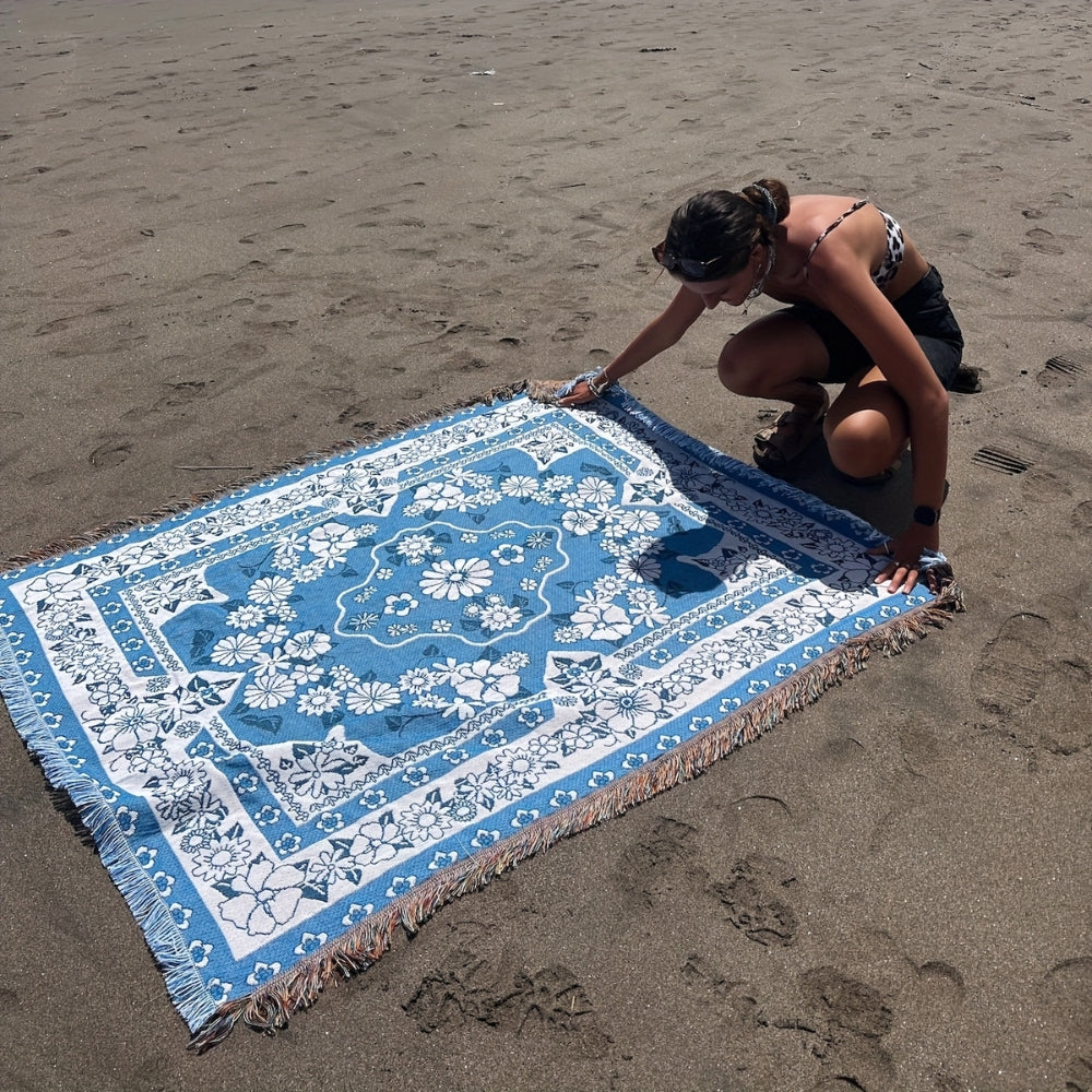 Blue Daisy Bloom Boho Travel Blanket