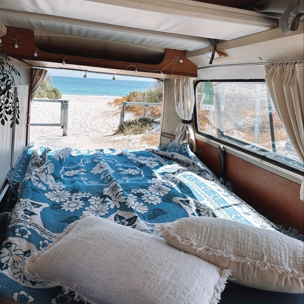 Blue Daisy Bloom Boho Travel Blanket