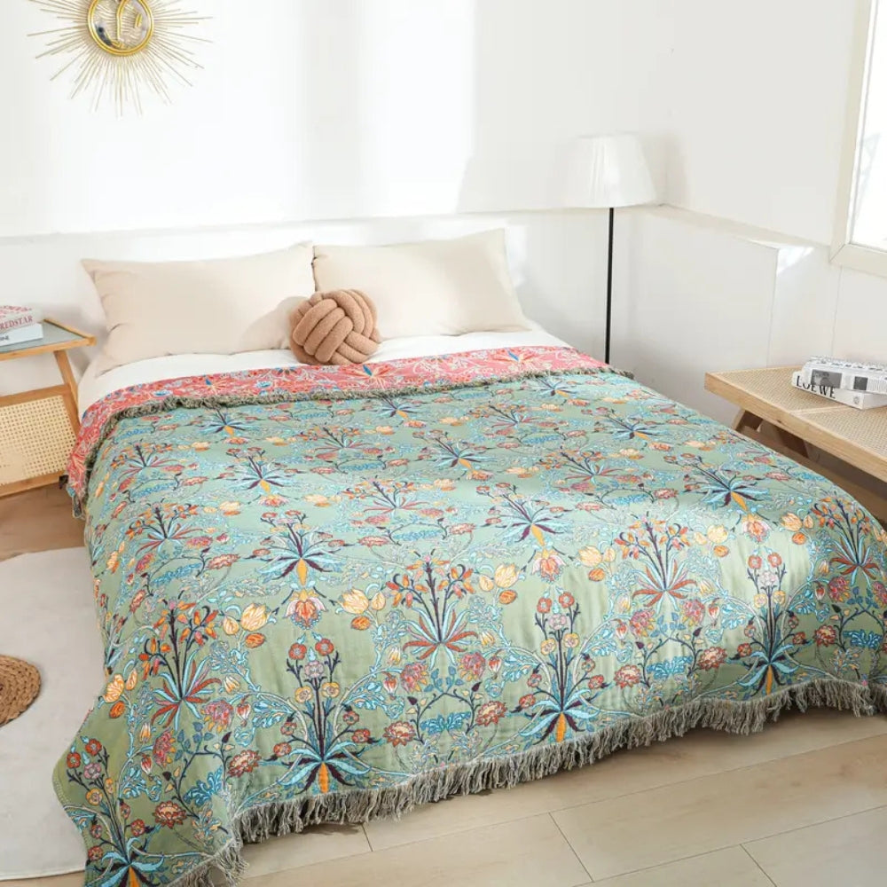 Greenery Floral Cotton Tassel Blanket