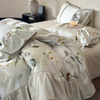 Bettwäsche-Set aus seidigem Baumwollsatin mit floraler Aquarell-Illustration und Rüsche