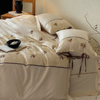 Satin Bedding Set with Jacquard Floral Embroidery and Ribbon Ties
