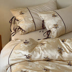 Satin Bedding Set with Jacquard Floral Embroidery and Ribbon Ties