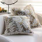 Decorative velvet cushion cover with embroidered fern jacquard and fringed edge