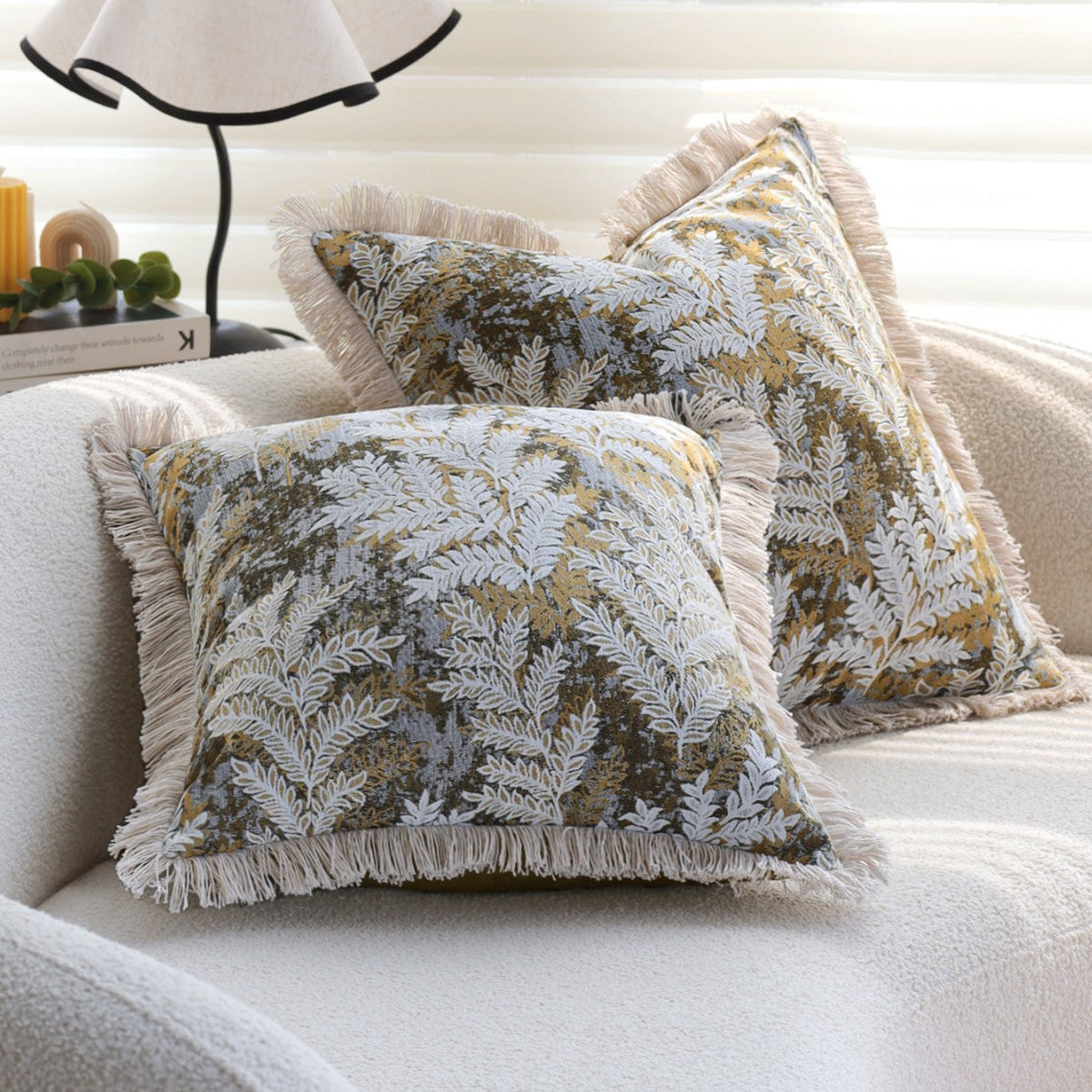 Decorative velvet cushion cover with embroidered fern jacquard and fringed edge