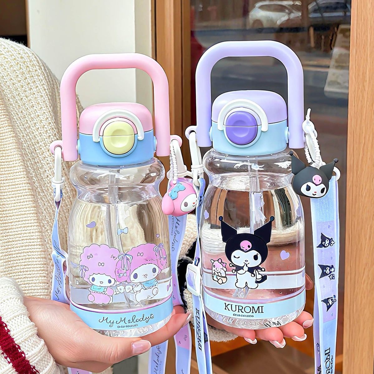 Women's Water Bottle with Silicone Handle and Character Design
