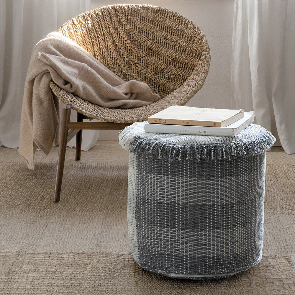 Padded Pouf Ottoman with Woven Structure and Carrying Handle