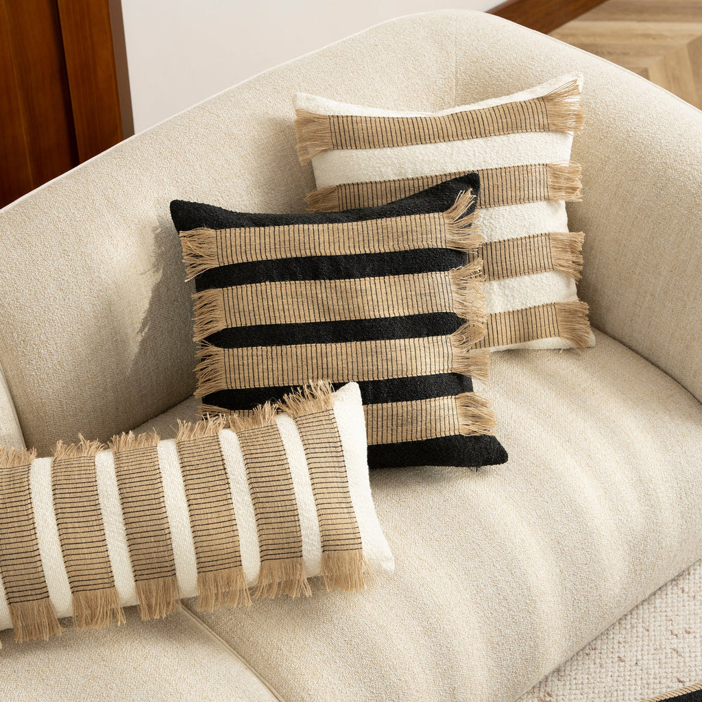Woven Cushion Cover with Bouclé Surface and Jute Fringes
