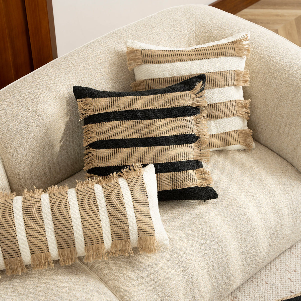 Woven Cushion Cover with Bouclé Surface and Jute Fringes