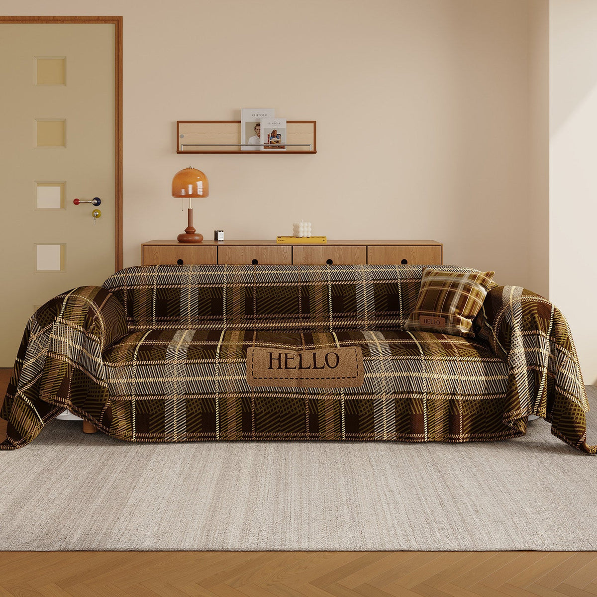 Brushed Microfiber Plaid Sofa Slipcover Throw with Bunny Appliqué and Removable Cushion Cover