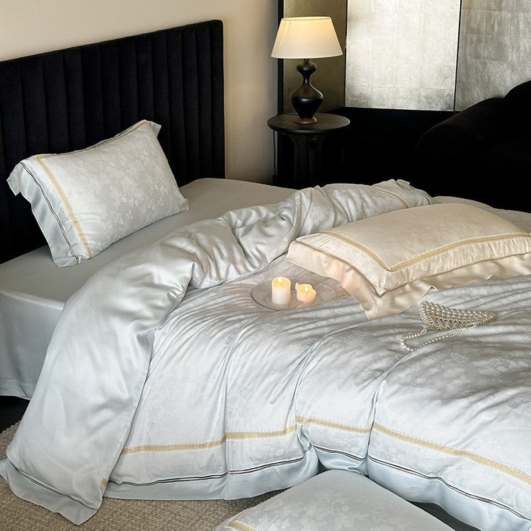Luxurious cotton satin bedding set with jacquard floral pattern and embroidered border