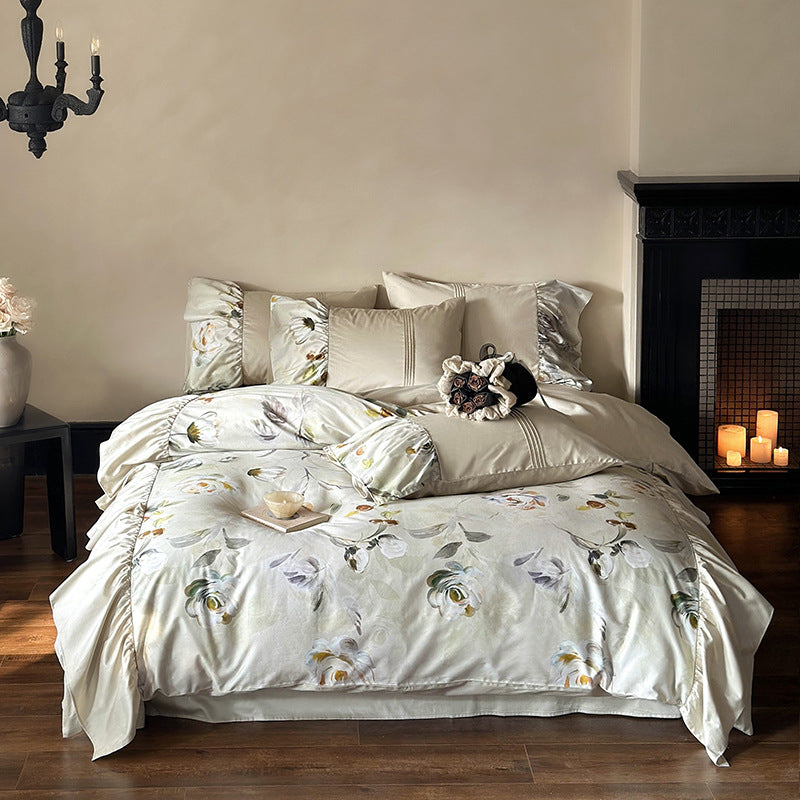 Bettwäsche-Set aus seidigem Baumwollsatin mit floraler Aquarell-Illustration und Rüsche